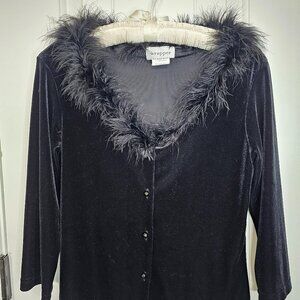 Wrapper Black Velvet Women's Top with Feather Neckline